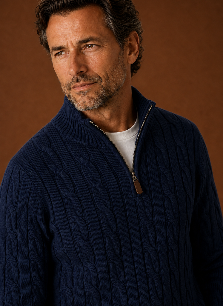 Close-up of the cable knit texture and quarter-zip pull at the mock neck