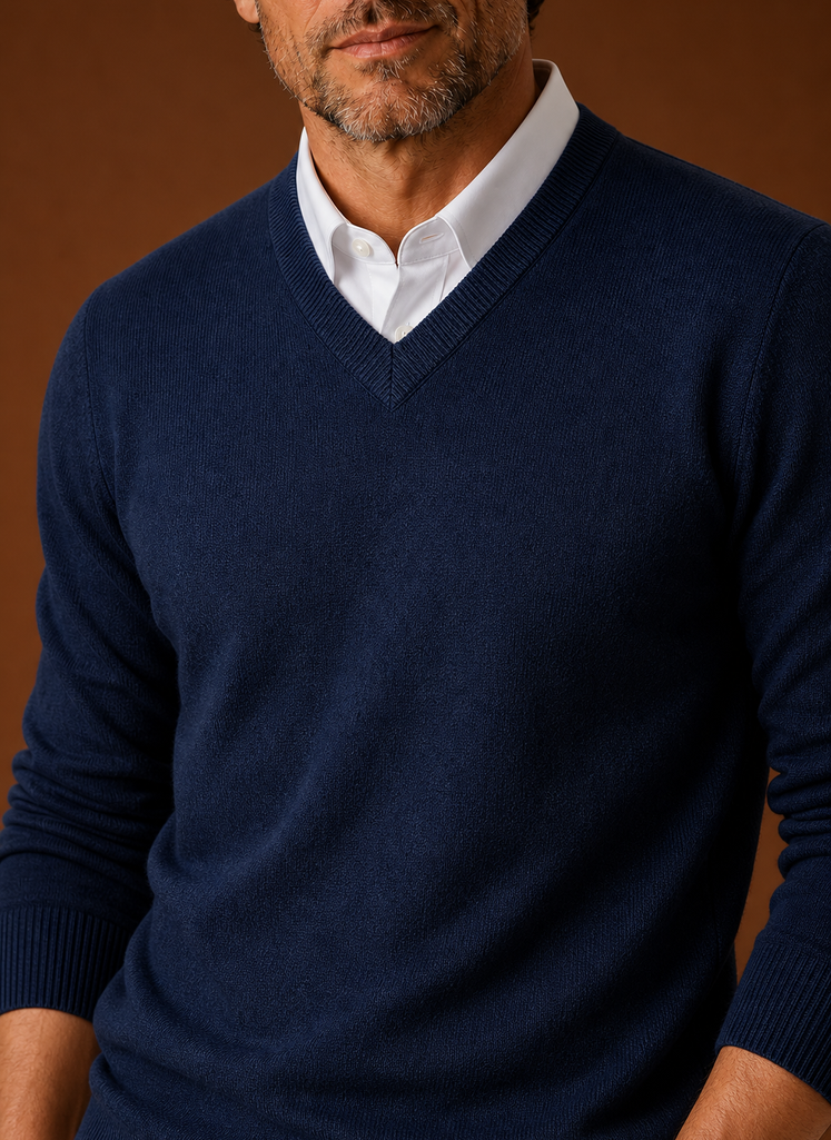 Close-up of V-neck and knit texture on men's sweater
