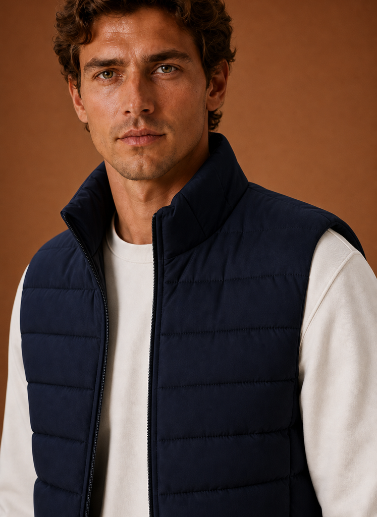 Close-up of the quilted stitching and texture on the men's lightweight puffer vest