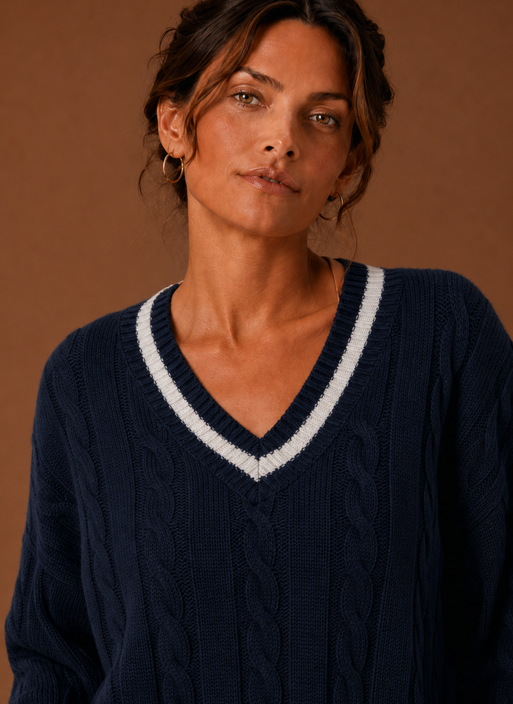 Close-up of cable knit texture and V-neck seam detail