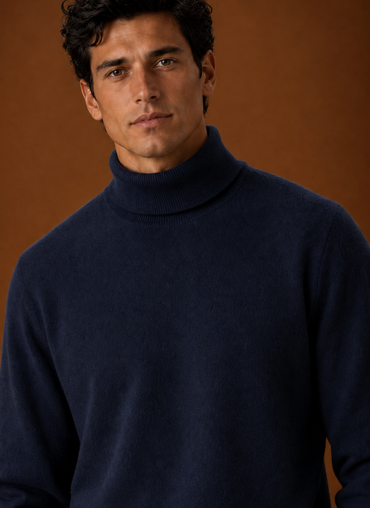 Men's Turtleneck Sweater - Classic Roll Neck Knit Pullover closeup view