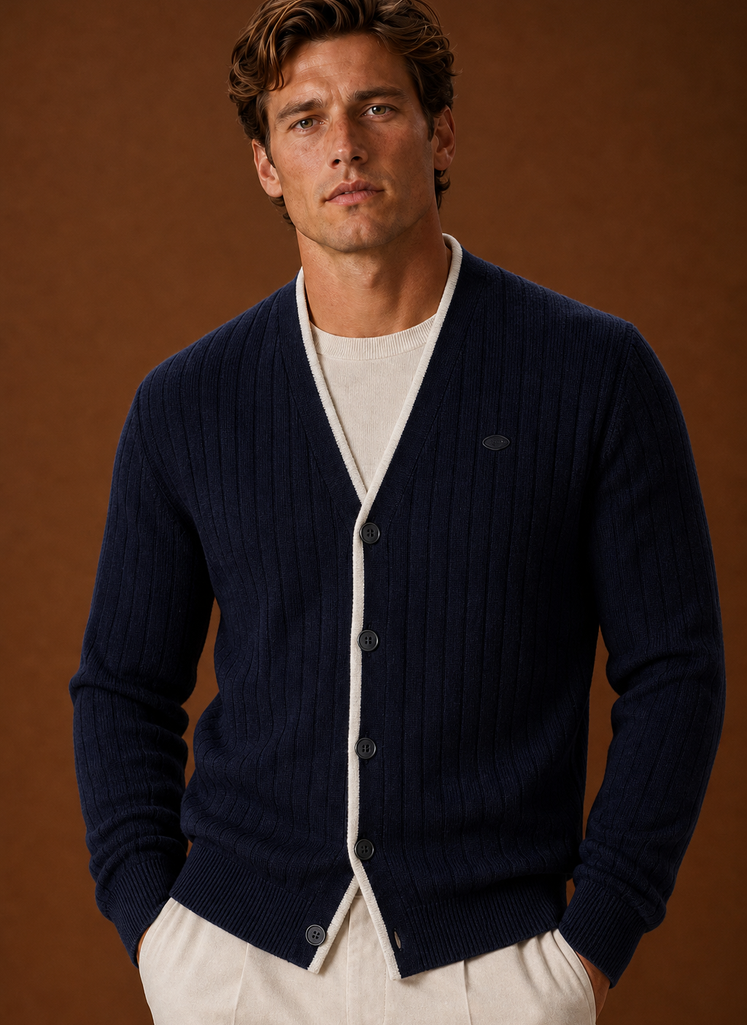 Men's V Neck Cardigan - Ribbed Knit Button Up Sweater closeup view