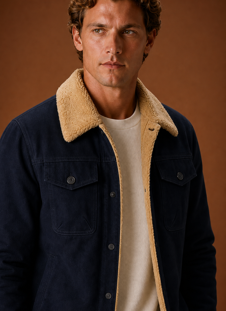 Close-up of fleece collar and sherpa lining texture on men's jacket