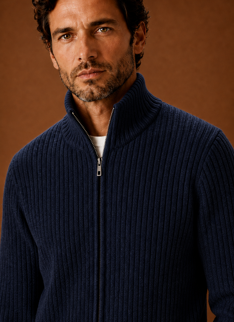Close-up of ribbed knit texture and full-zip hardware on Areleon men's sweater