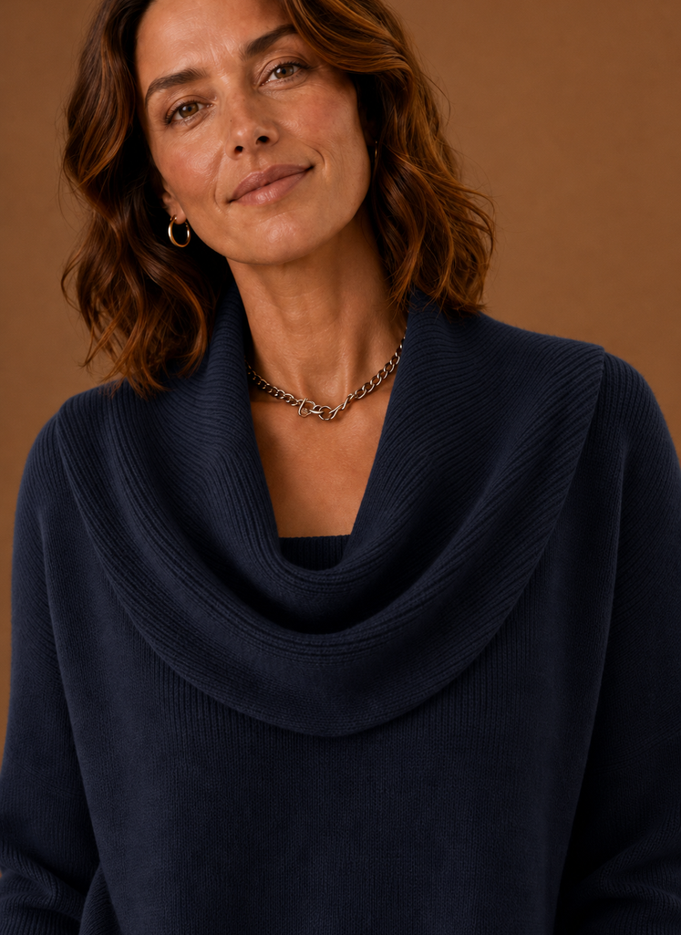 Close-up of the cowl neckline and knit texture of the Areleon women's sweater
