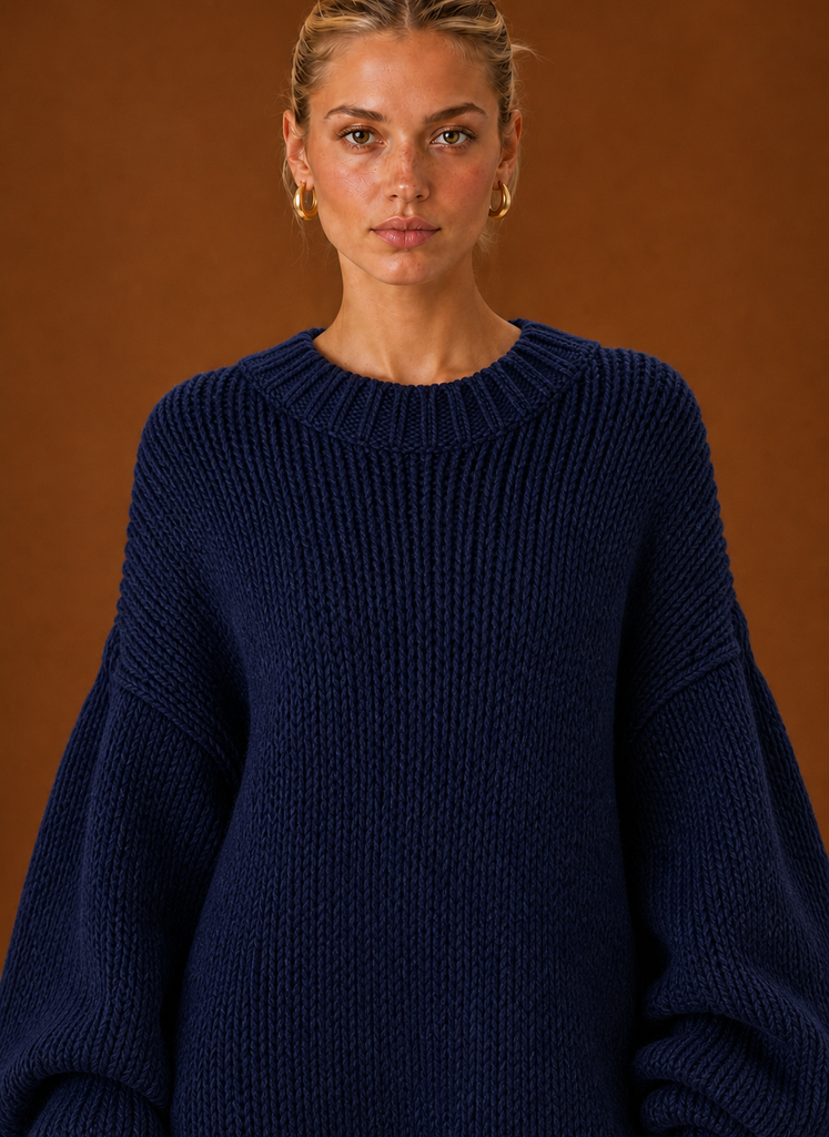 Close-up of the knit texture and stitch detail on the maxi dress