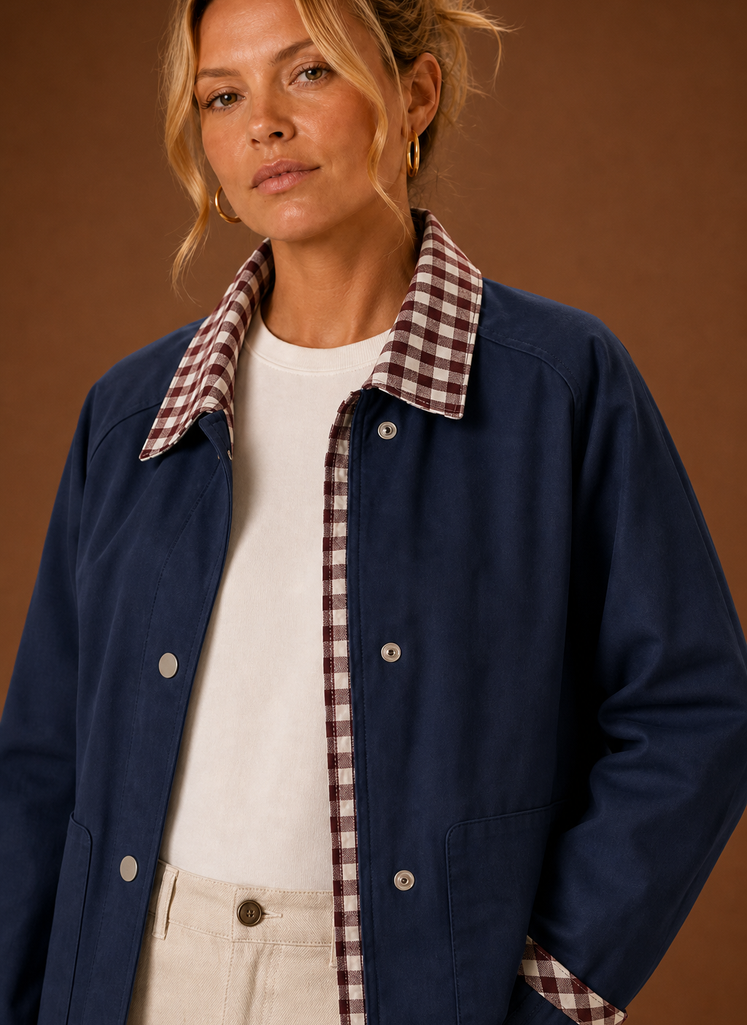 Close-up of the contrast check collar, cuff detailing, and stitching