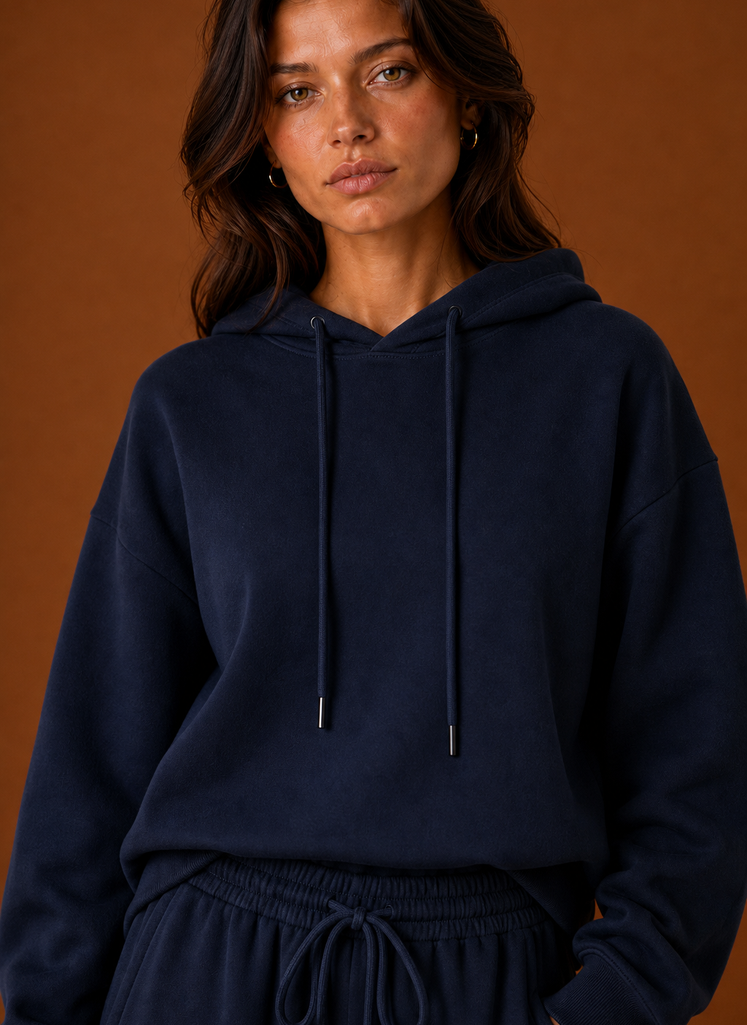 Close-up of the sweatsuit fabric and stitch detailing on the sweatshirt and pant waistband area