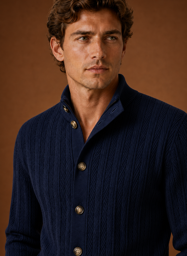 Close-up of buttons and knit texture on Areleon men's cardigan