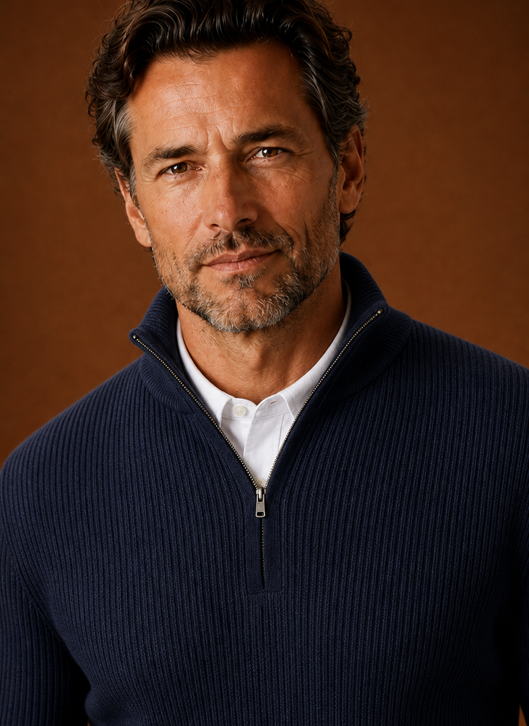 Close-up of ribbed knit texture and quarter-zip hardware at the high neckline