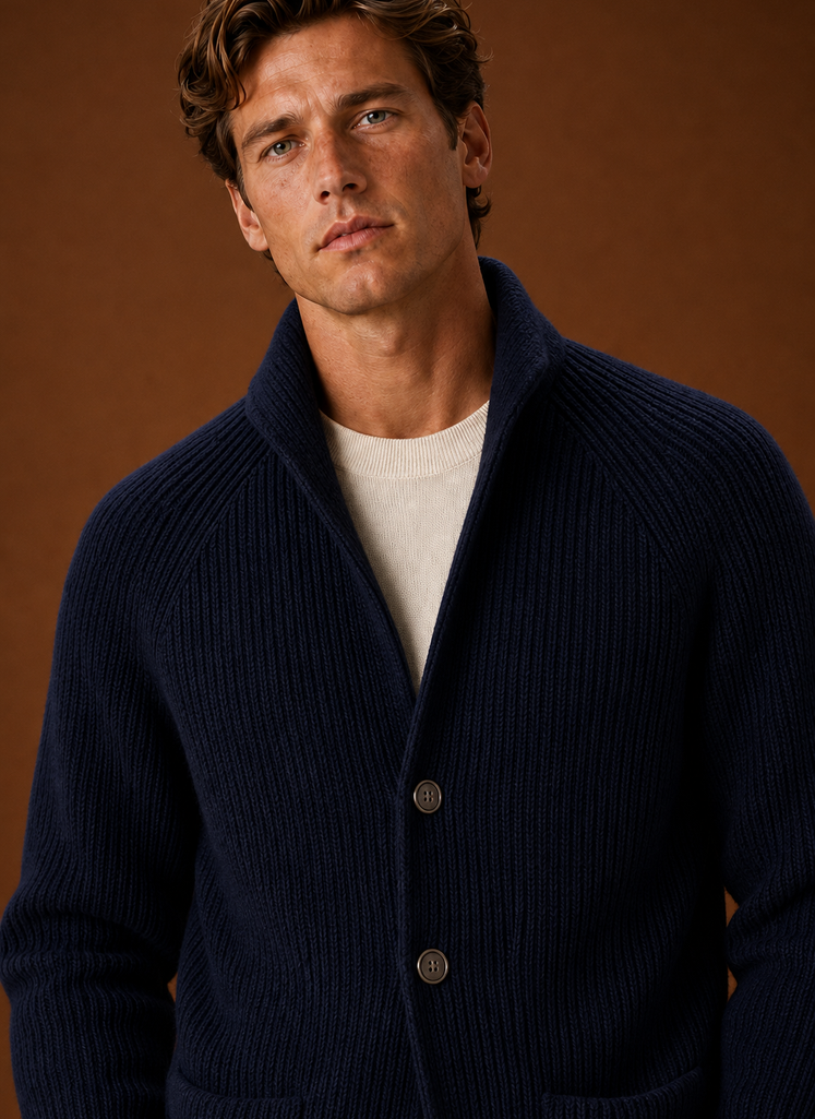 Close-up of the ribbed knit texture on the men's cardigan