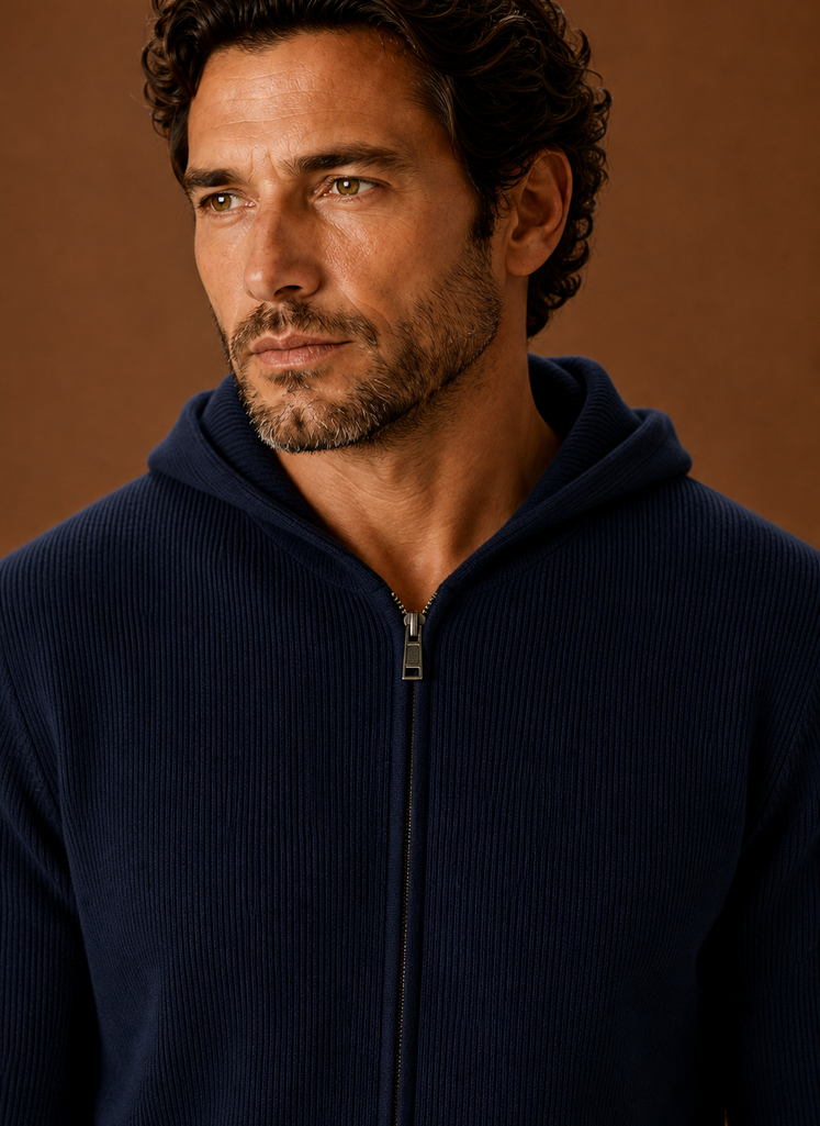 Close-up of knit texture and zipper pull on Areleon full-zip hoodie