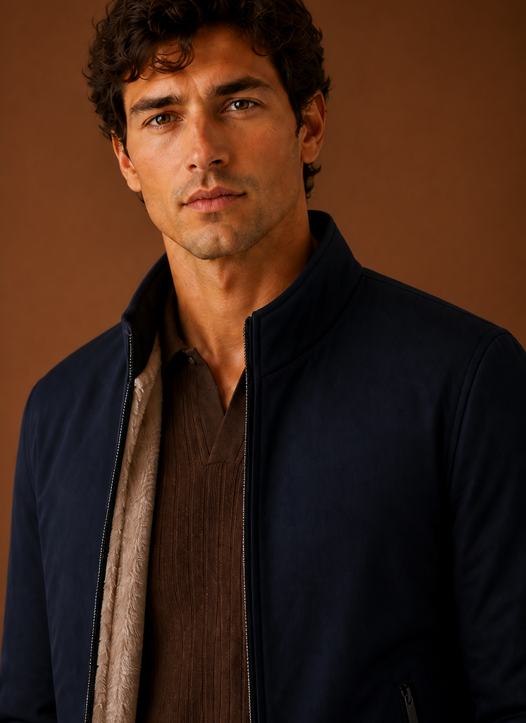 Close-up of the Areleon men's casual jacket showing tailoring details on the front panel