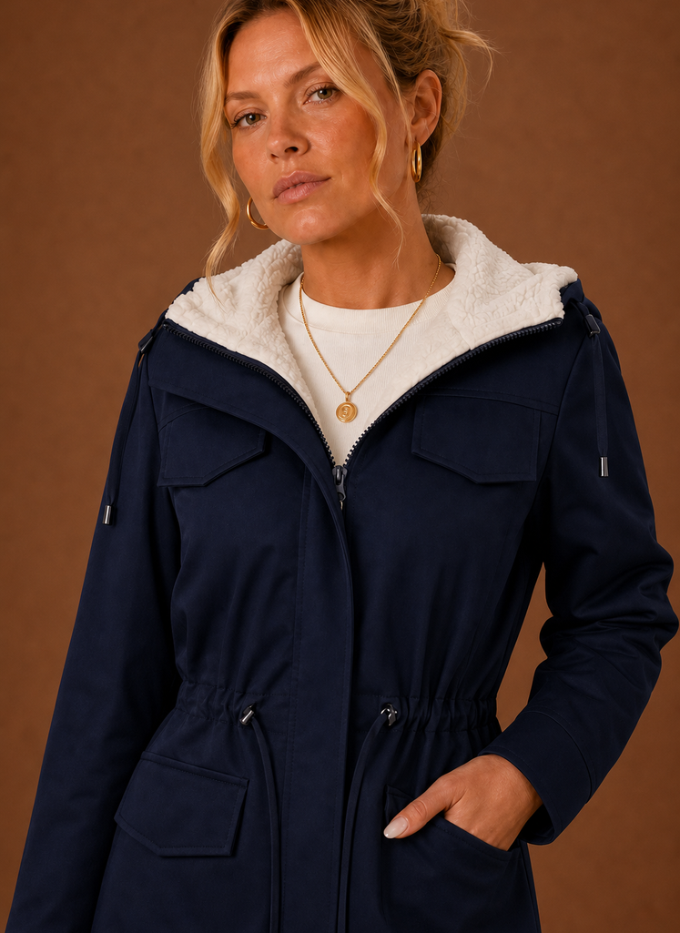 Close-up of fleece-lined interior and hood detailing on women's parka