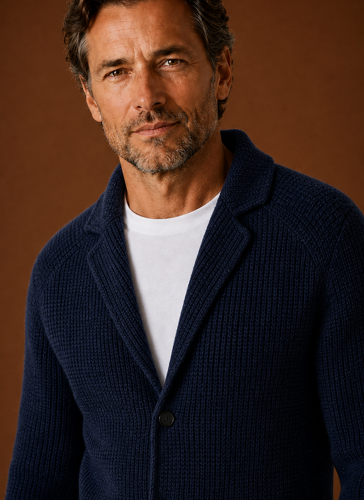 Close-up of button-front closure and blazer-style collar on men's knit cardigan jacket