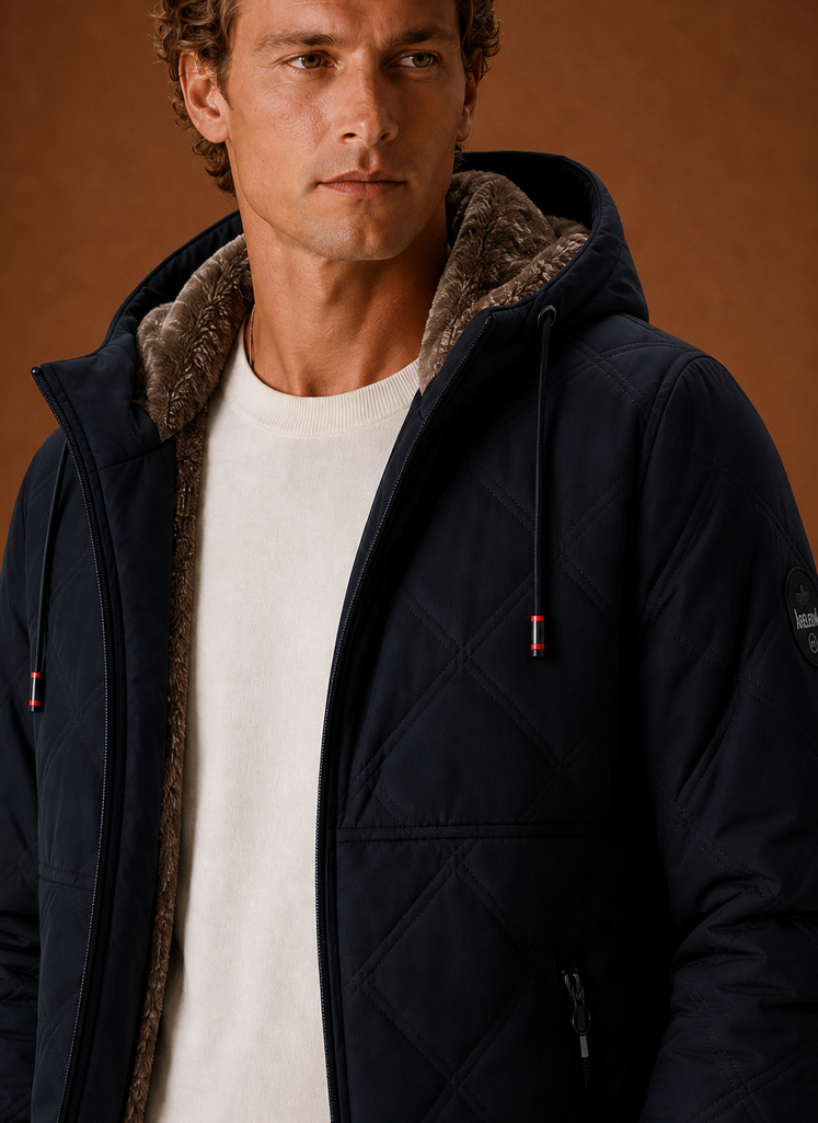 Close-up of quilted stitching and faux-fur lined interior on men's jacket