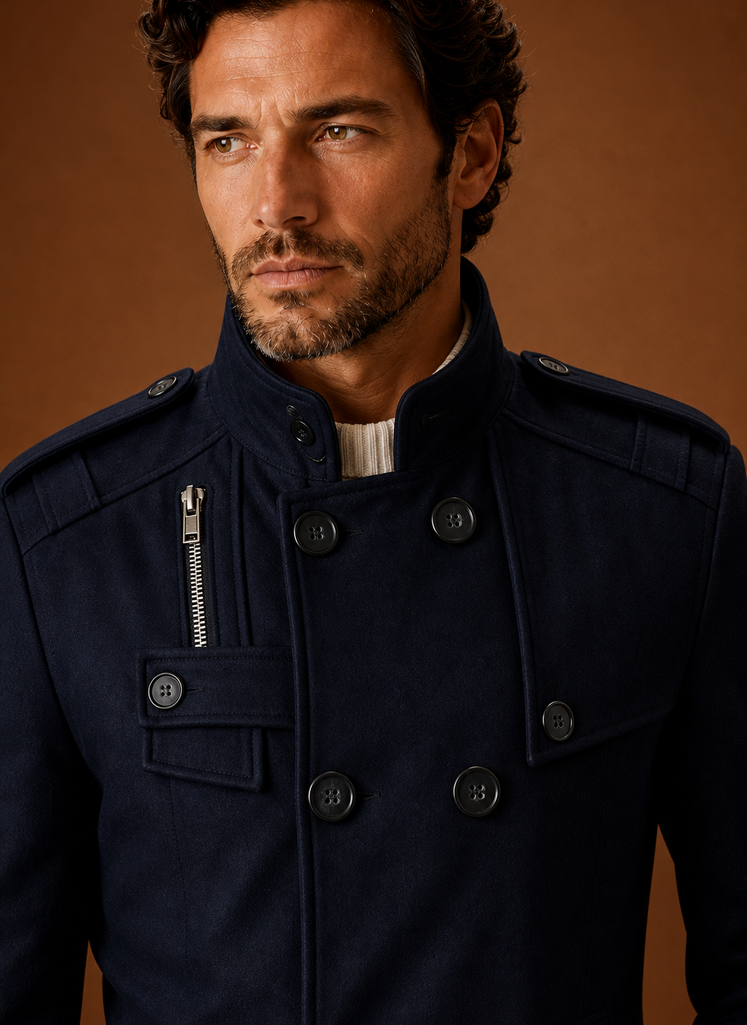 Close-up of overcoat button-front closure and stitching details