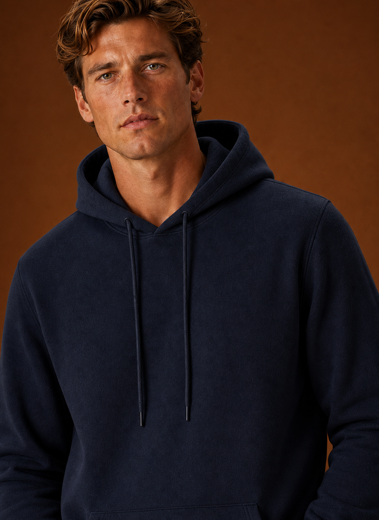 Close-up of the Areleon men's hoodie hood and stitching at the neckline