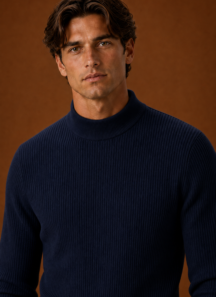 Men's Turtleneck Sweater - Ribbed Roll Neck Knit Pullover closeup view