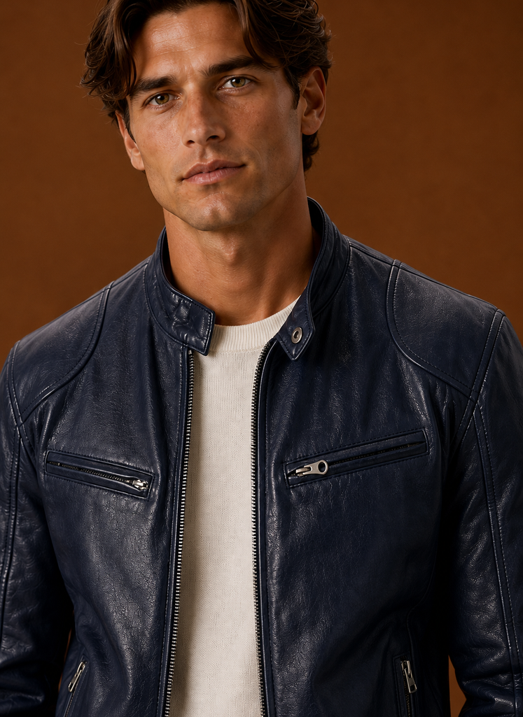 Close-up of jacket neckline and stitching detail