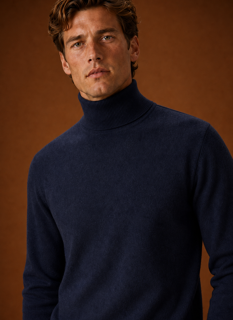 Men's Turtleneck Sweater - Roll Neck Knit Pullover closeup view