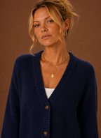 Close-up of button-front detail and V-neckline on the women's knit cardigan