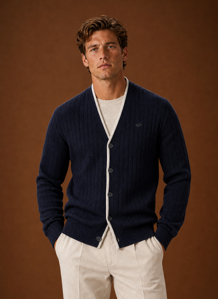 Men's V Neck Cardigan - Ribbed Knit Button Up Sweater front view