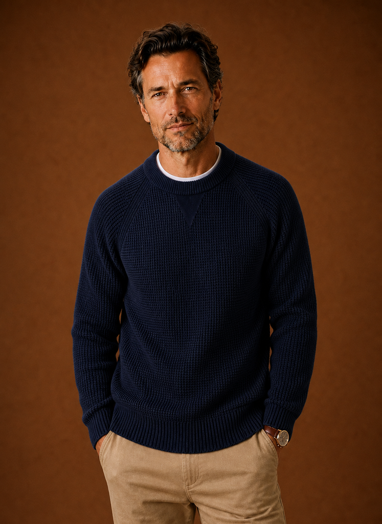 Front view of Areleon men's textured waffle knit crew neck sweater showing neckline and overall fit