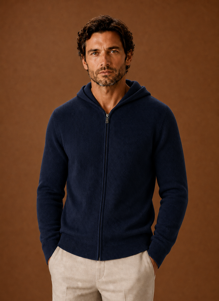 Front view of Areleon men's full-zip knit hoodie on model