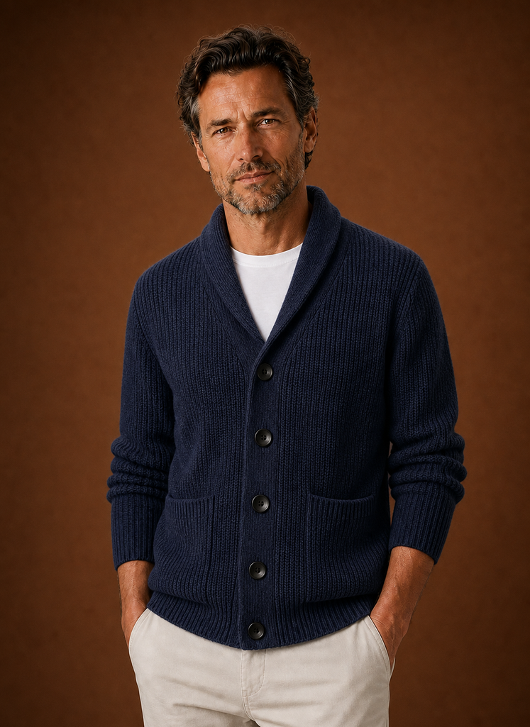 Front view of men's shawl collar cardigan showing the shawl neckline and front silhouette