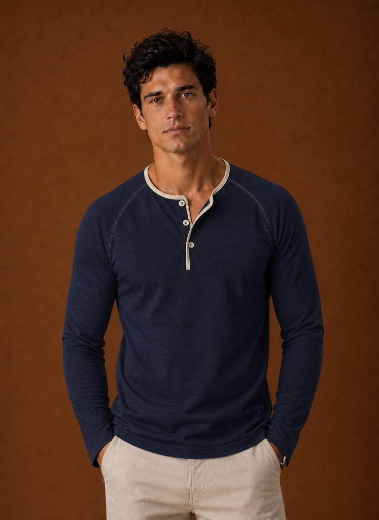 Front view of a men's Henley shirt showing button placket and neckline