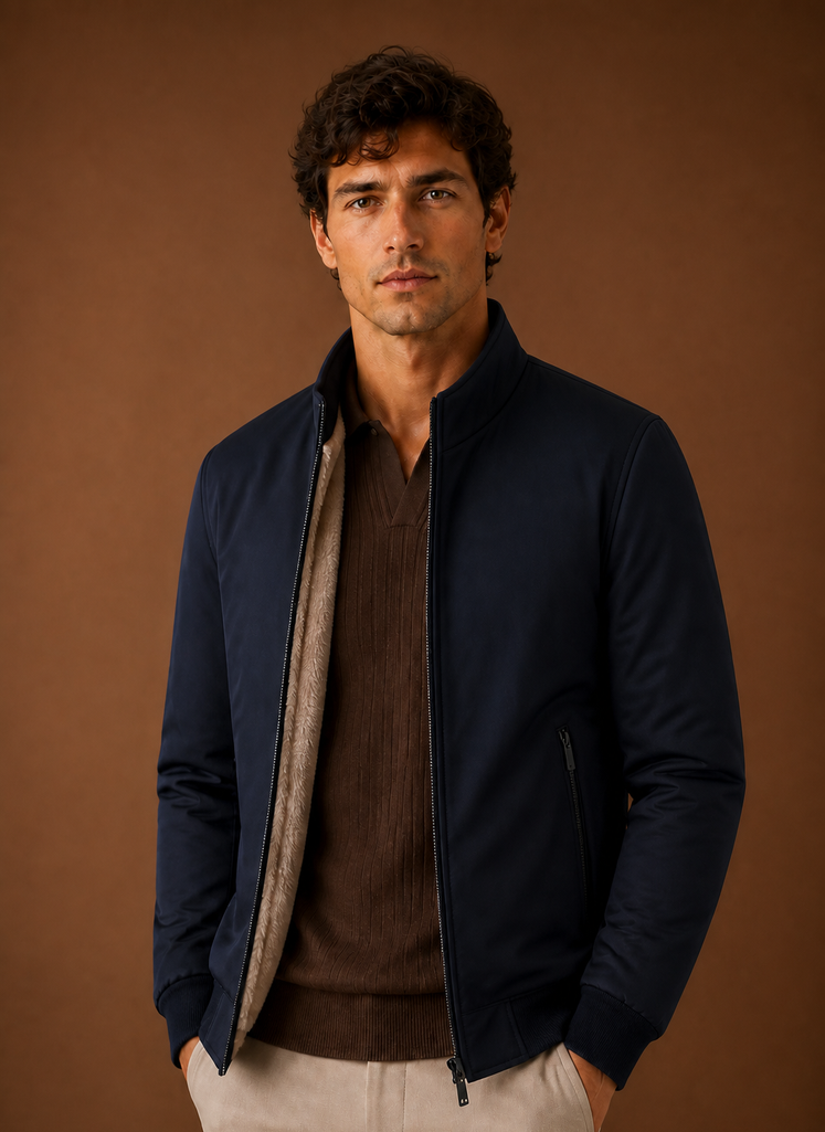 Front view of the Areleon men's casual jacket in navy, showing a clean silhouette and tailored fit