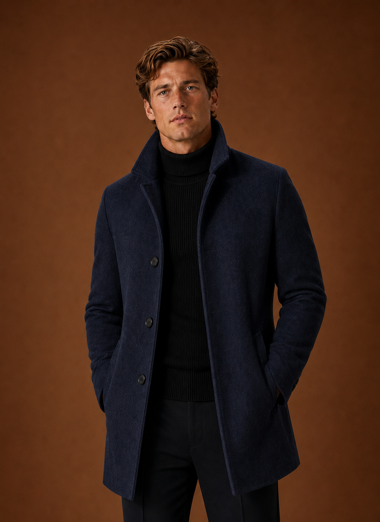 Men's Wool Blend Coat - Classic Button Up Winter Overcoat front view