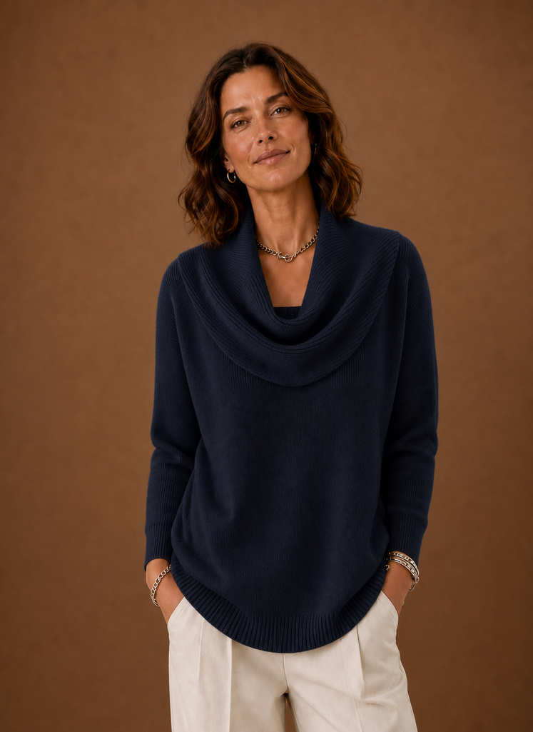 Front view of Areleon women's cowl neck knit sweater on a mannequin