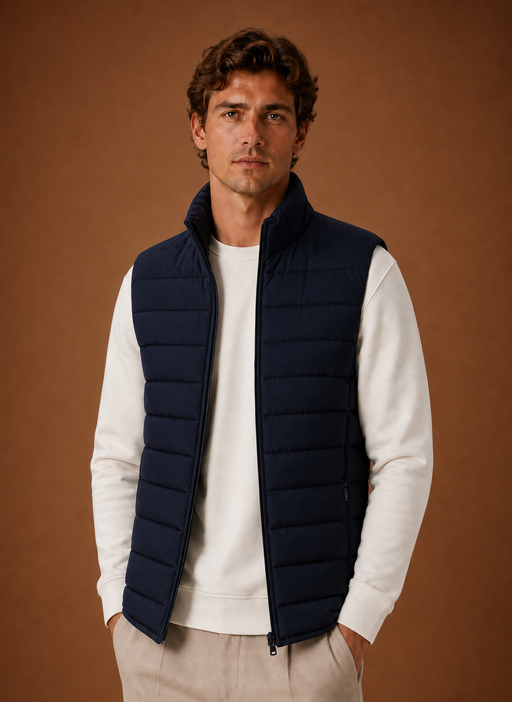 Front view of men's lightweight quilted puffer vest on neutral background