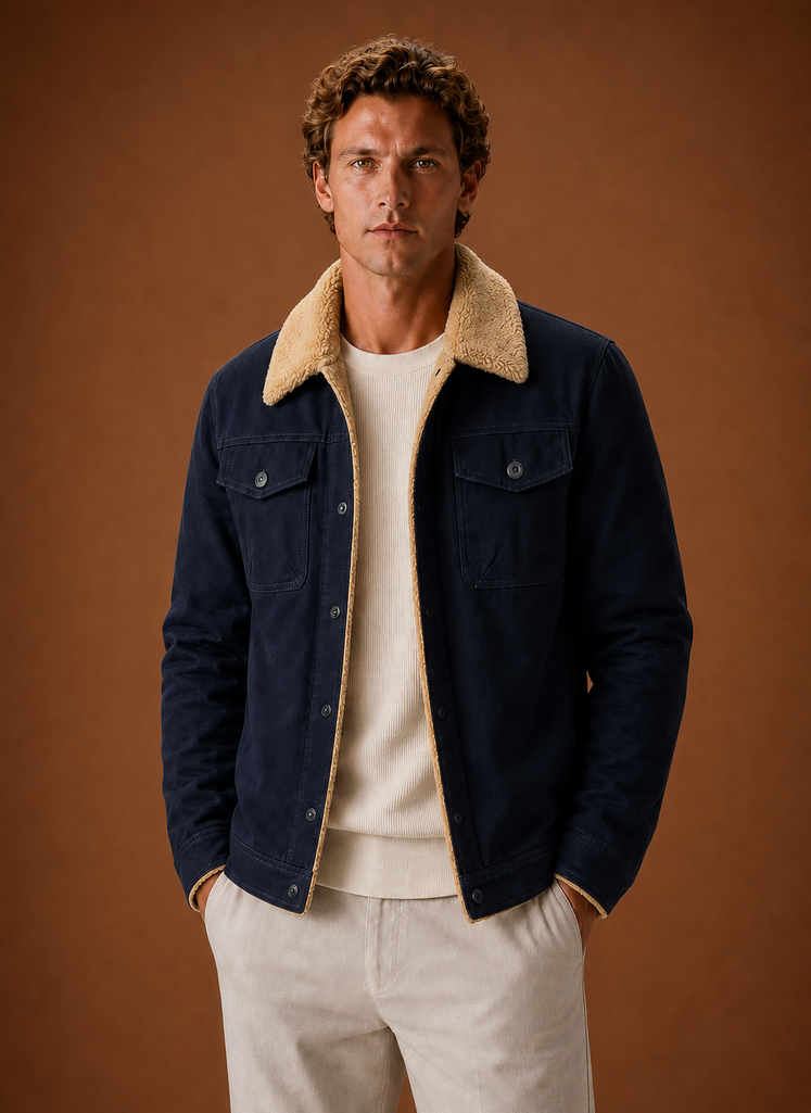 Front view of men's brown sherpa-lined jacket with fleece collar on a mannequin
