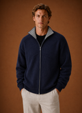 Front view of Areleon men's full-zip knit cardigan jacket in navy