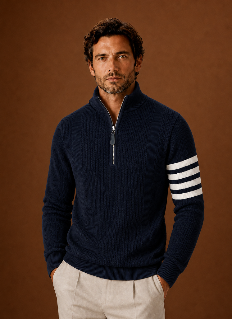 Front view of the men's striped half-zip knit sweater showing the zip neckline and stripe pattern