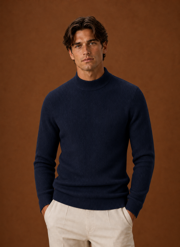 Men's Turtleneck Sweater - Ribbed Roll Neck Knit Pullover front view