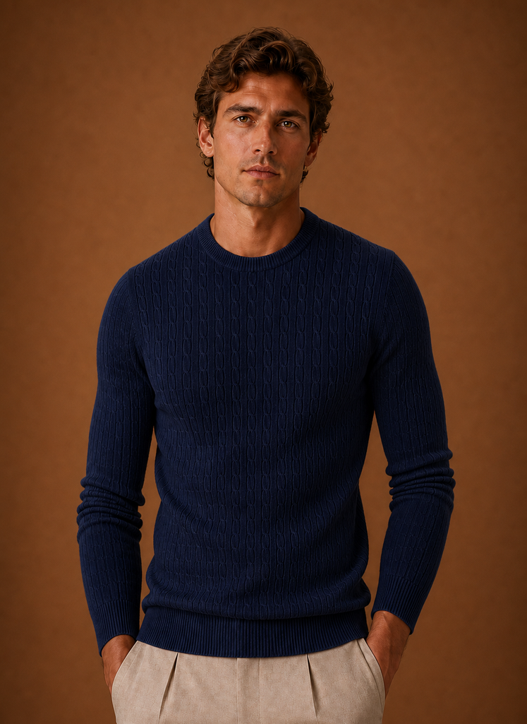 Front view of Areleon men's cable knit crew neck sweater on neutral background