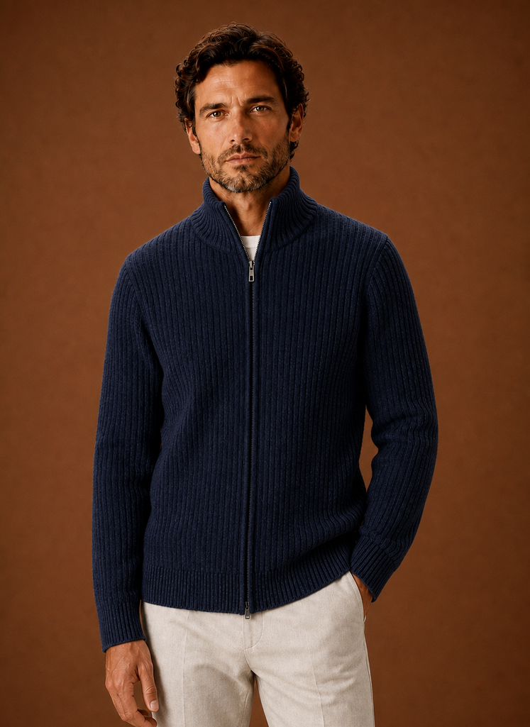 Front view of Areleon men's ribbed full zip sweater with high stand collar