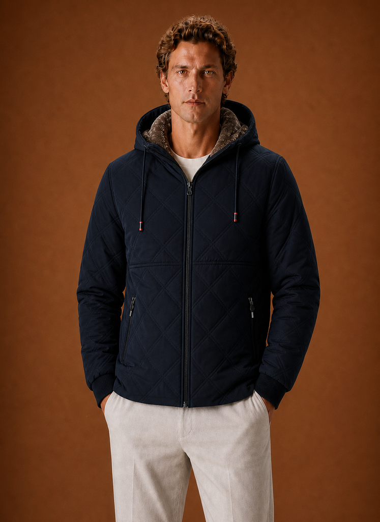 Front view of men's quilted hooded jacket with faux-fur lining