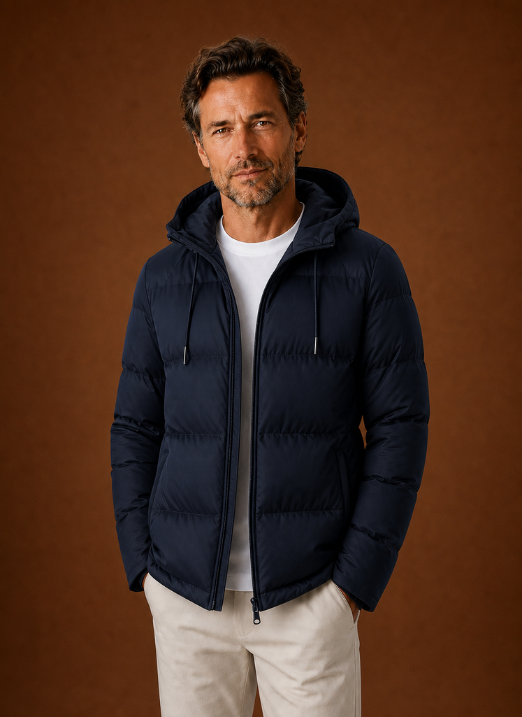 Front view of men's hooded puffer jacket showing quilted silhouette and front closure