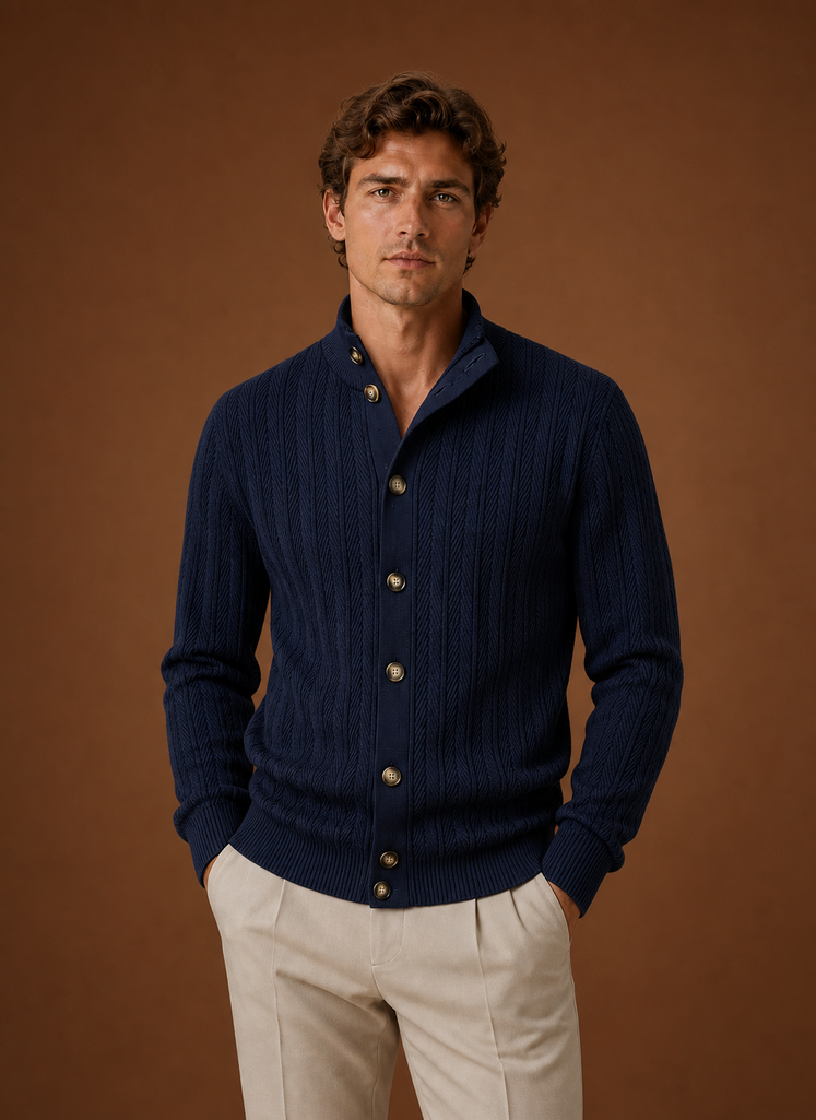 Front view of Areleon Men's knit cardigan with button-front closure