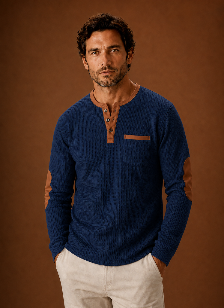 Front view of men's waffle-knit Henley long-sleeve shirt on a plain background