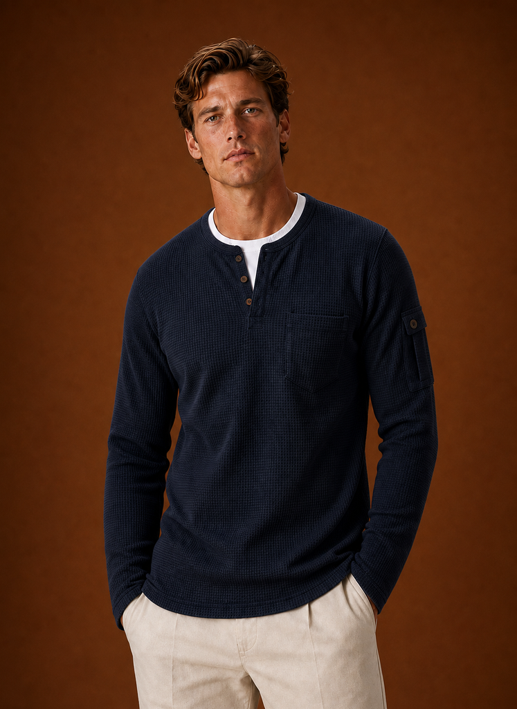 Front view of the men's Henley shirt showing the button placket and crew neckline