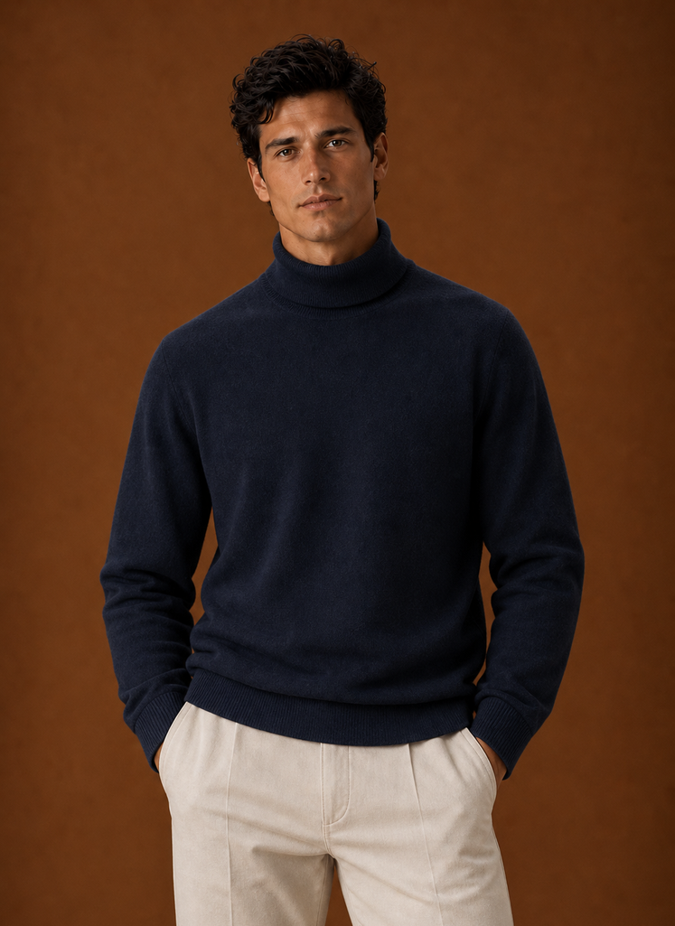 Men's Turtleneck Sweater - Classic Roll Neck Knit Pullover front view
