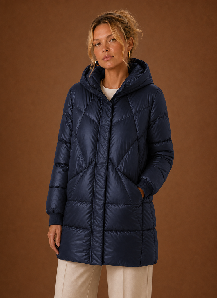 Front view of the Areleon long puffer jacket with hood in red, showing full-length silhouette