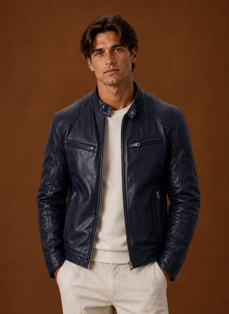 Front view of men's moto jacket showing classic motorcycle silhouette