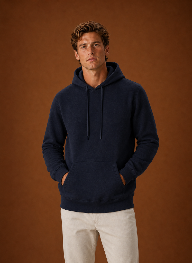 Front view of the Areleon men's hoodie on a mannequin showing the hood and full-length sleeves